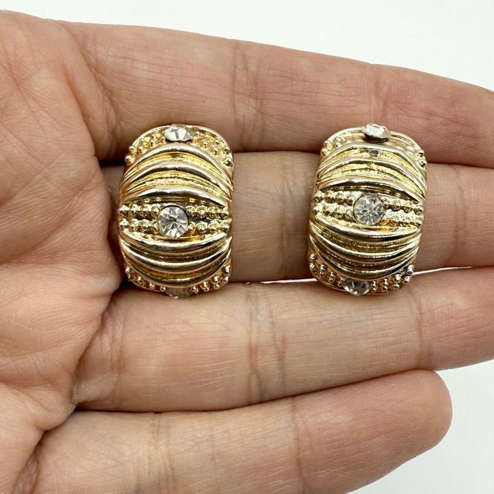 Vintage 80s Gold Dome Earrings | Ribbed Rhinestone Statement - Picture 7 of 14